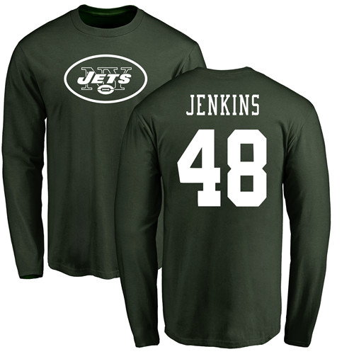 New York Jets Men Green Jordan Jenkins Name and Number Logo NFL Football #48 Long Sleeve T Shirt->new york jets->NFL Jersey